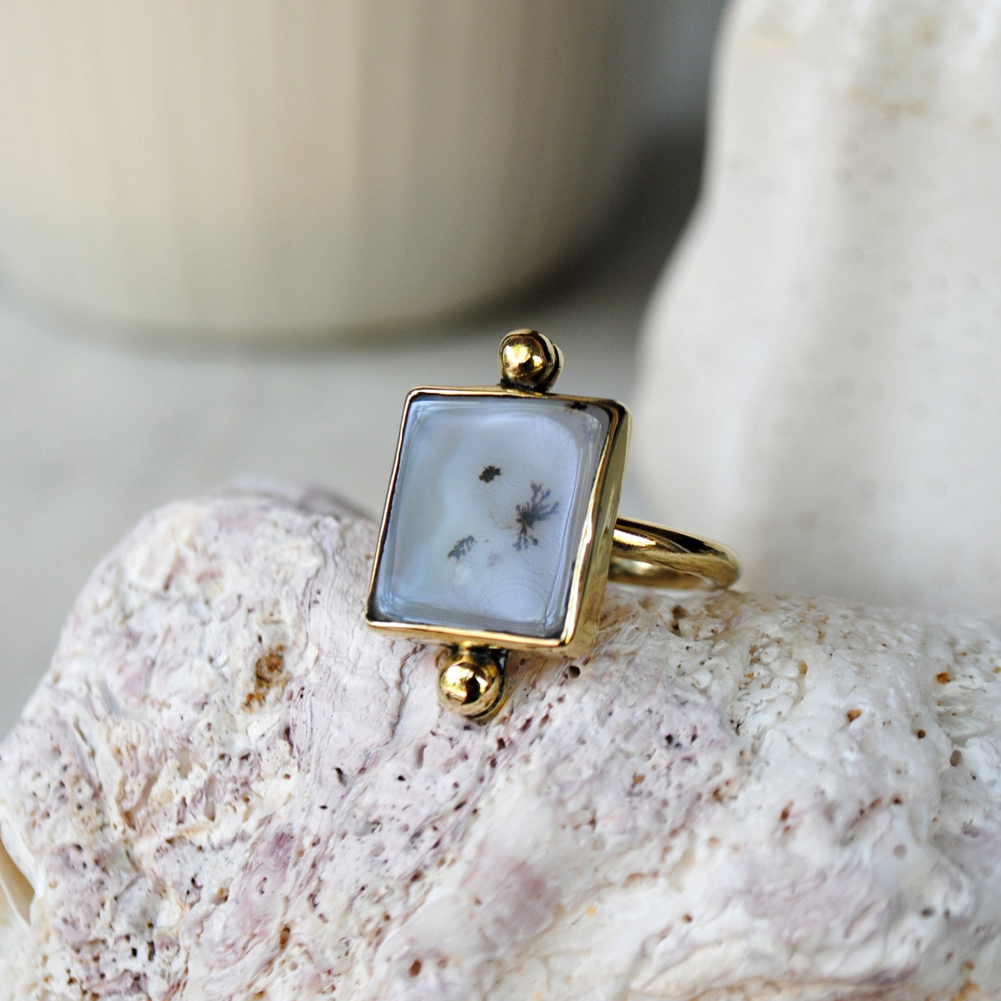 Square Montana Moss Agate Ring set in Brass