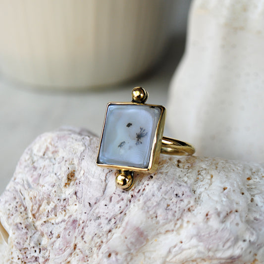 Square Montana Moss Agate Ring set in Brass